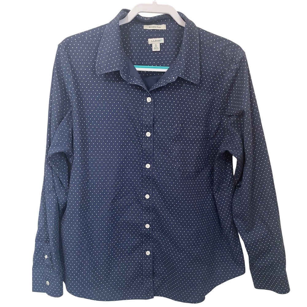 LL Bean Womens XL Wrinkle Free Cotton Button Down Shirt Navy White Micro Print